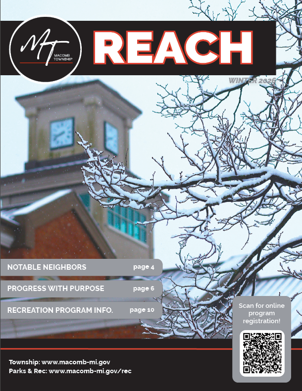 Front cover of the REACH Winter 2026 magazine featuring a photo of snow-covered Town Hall and tree