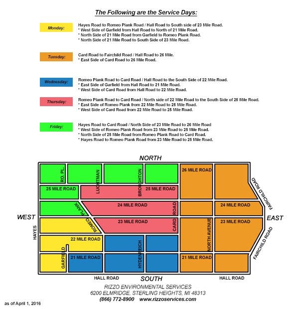 Color Coded Map of Location and Service Day of Trash Pickup in Macomb Township 