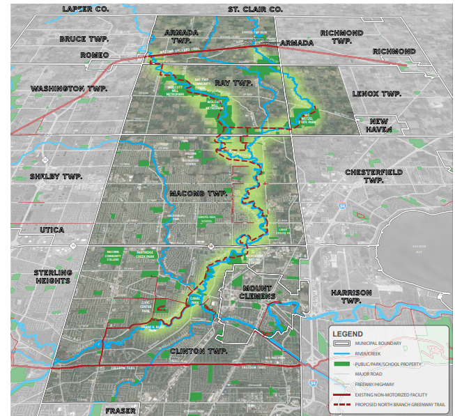 Map rendering showing the future North Branch Greenway project stretching from Clinton Twp to Armada
