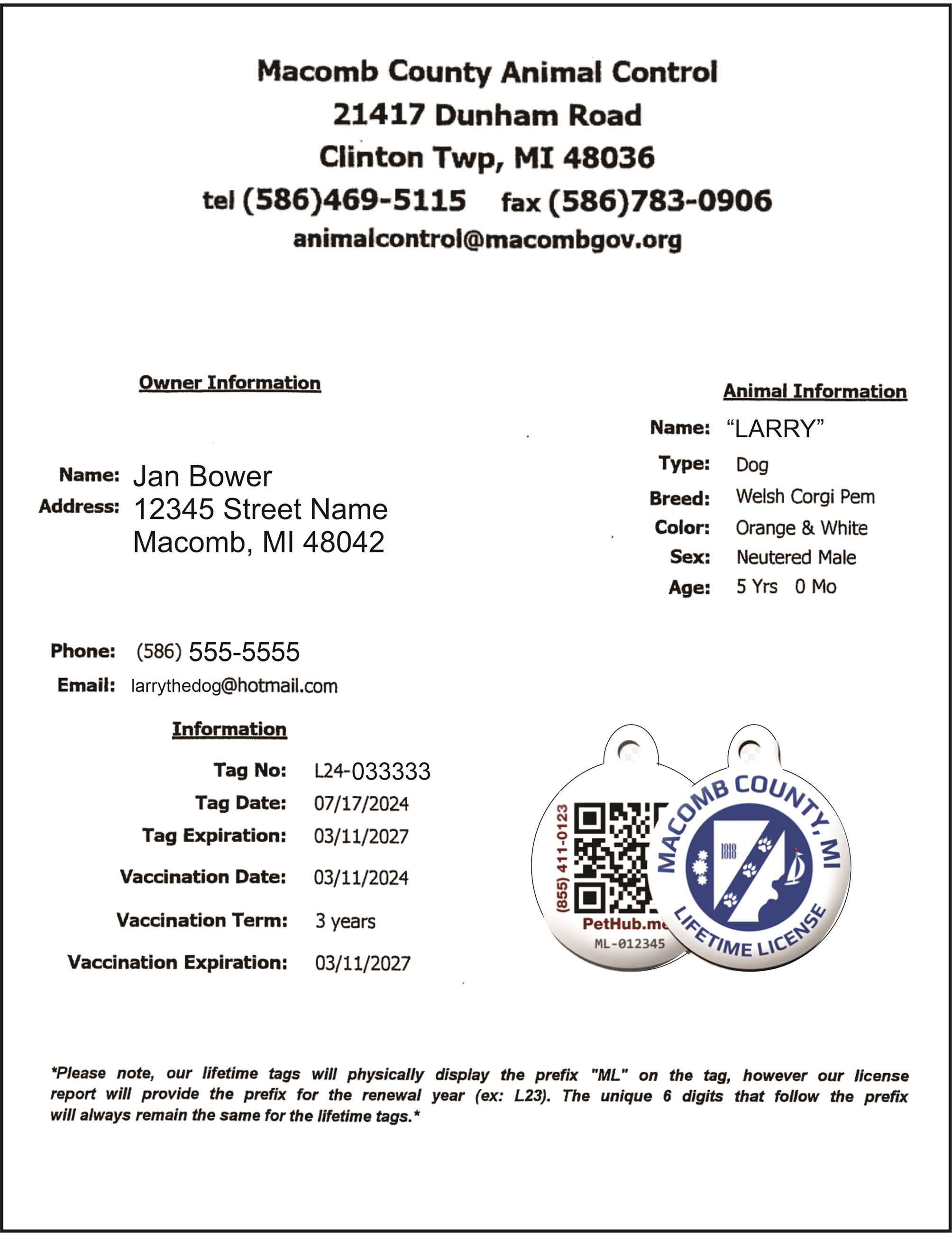 Macomb County Animal Control Dog License Sample