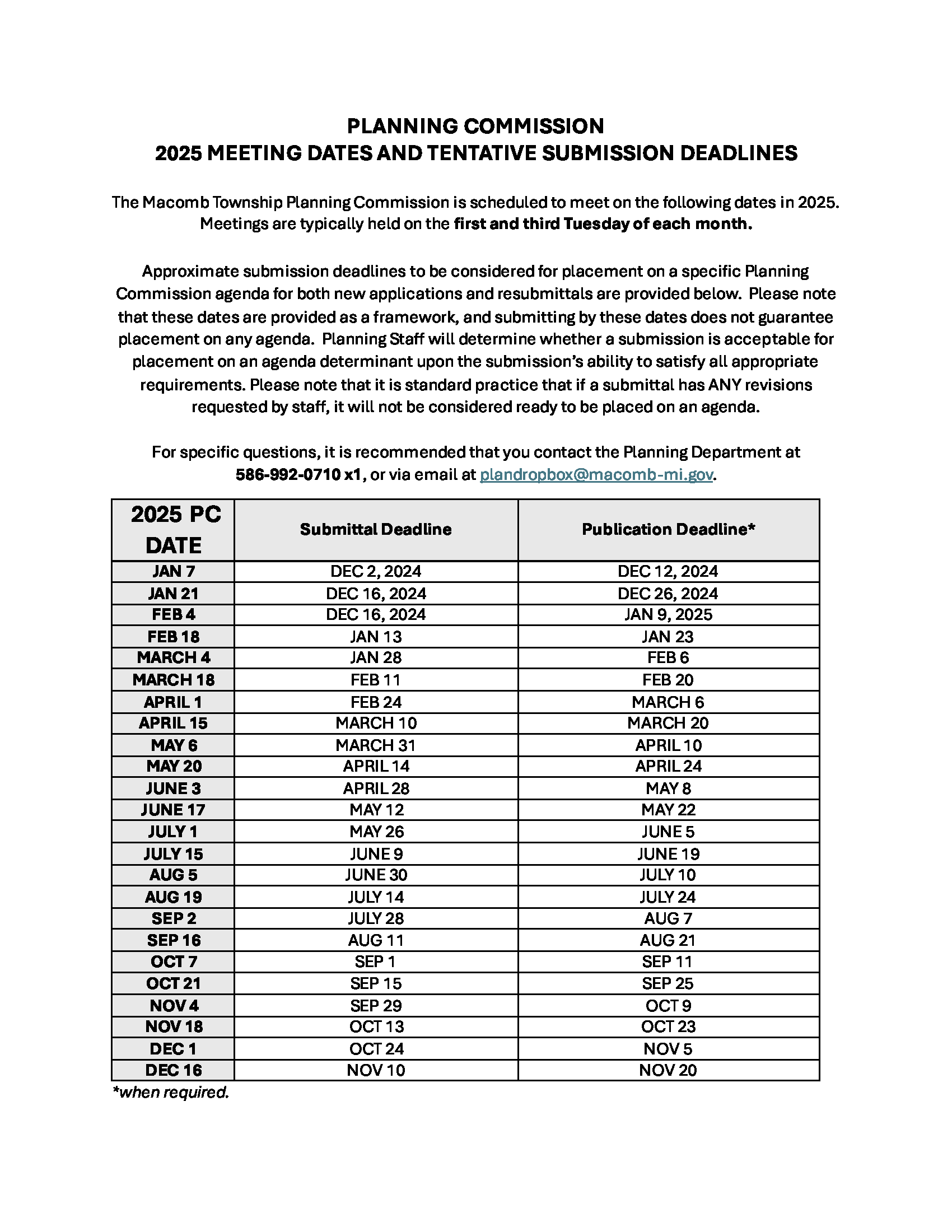 Meeting Schedule and Submission Deadlines - Planning