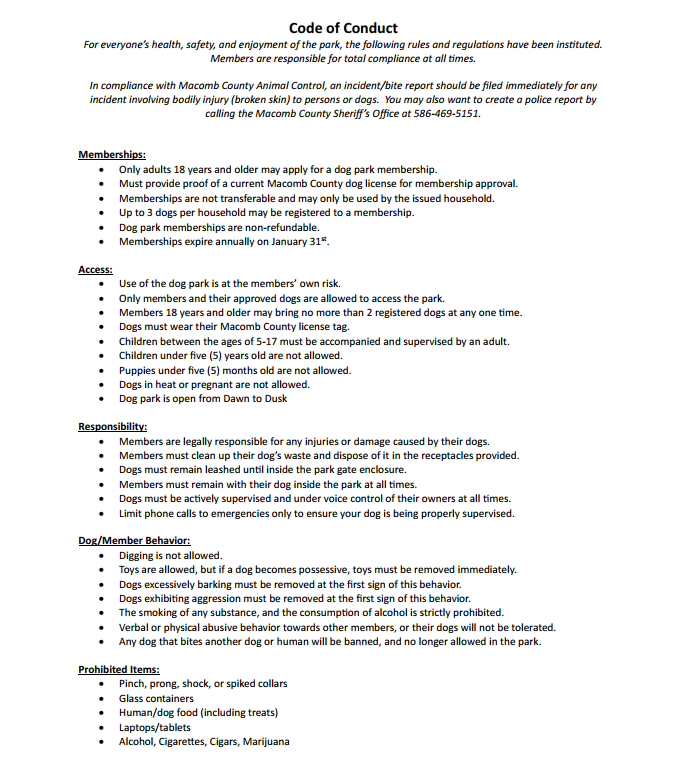 Code of Conduct Dog Park 